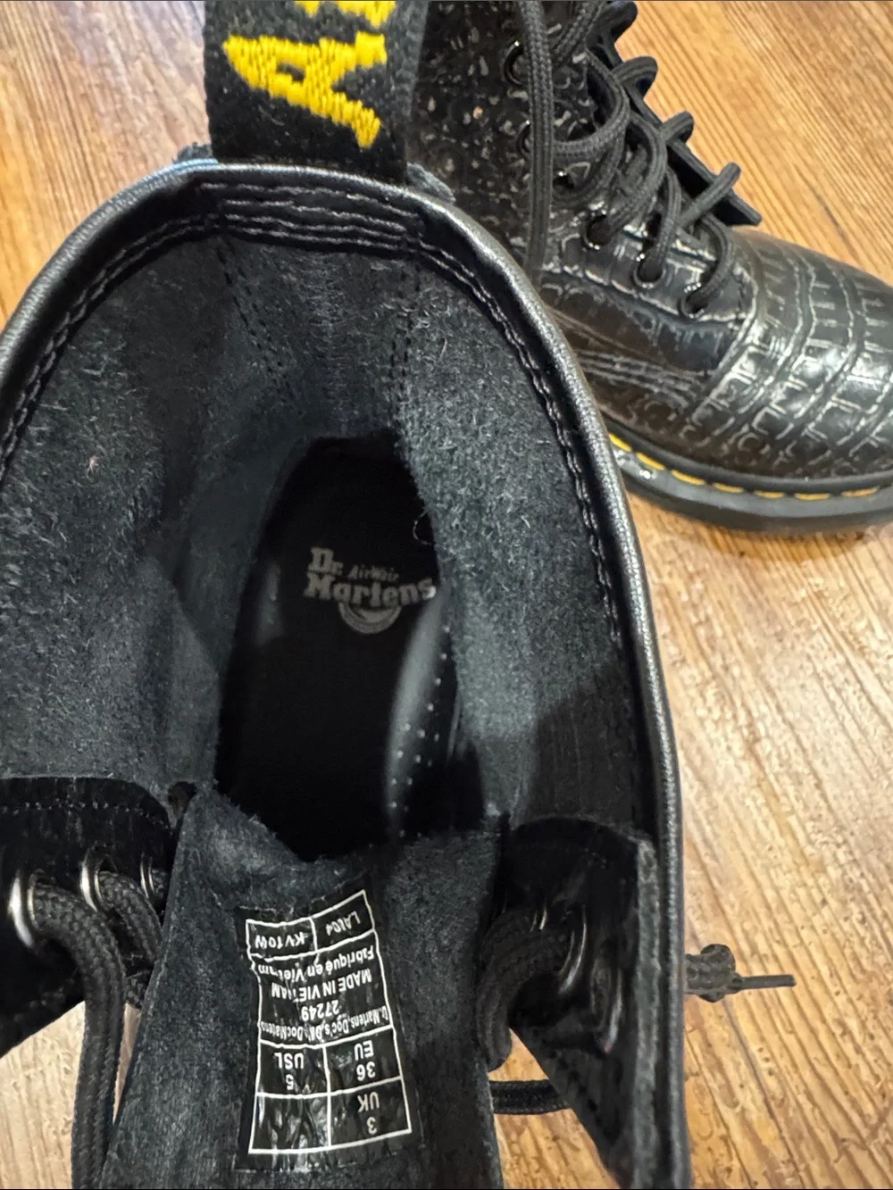 Dr. Martens Black Croc-Embossed Lace-Up Boots with Yellow Stitching